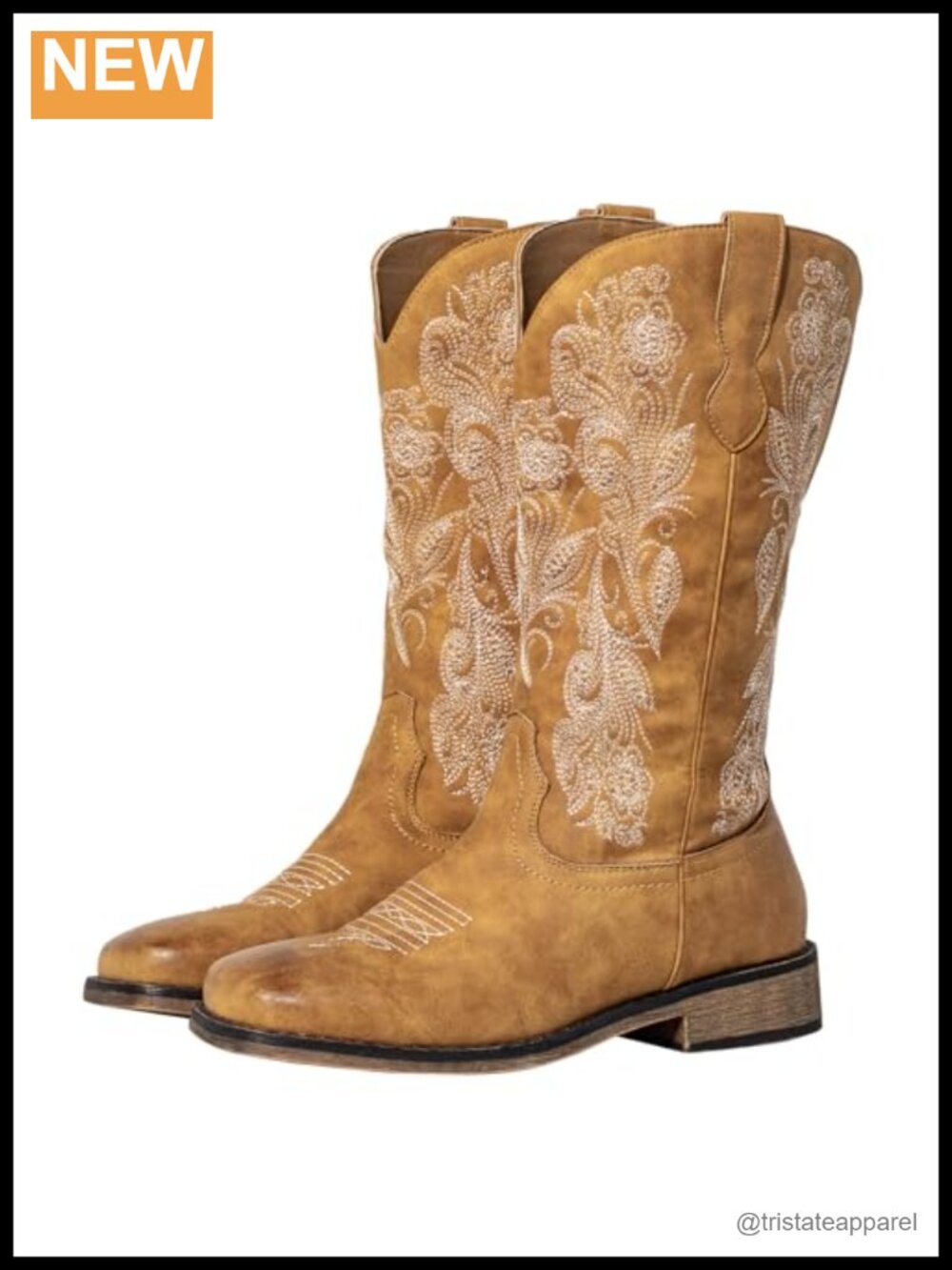 Wide Calf Cowgirl Boots Women Square Toe Faux Leather Western Embroidered Pull
